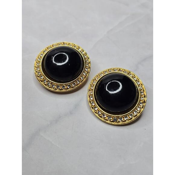 Embellished Gold Tone and Black Round Clip Earrings - Picture 1 of 6